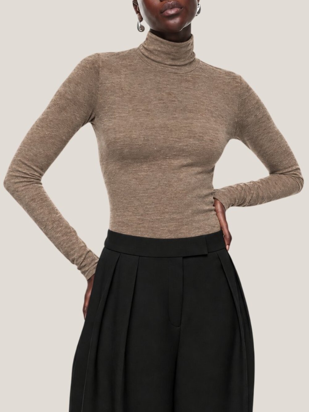 Aritzia Babaton Everyday Jersey Turtleneck Hip Long Sleeve Tan Heathered XS